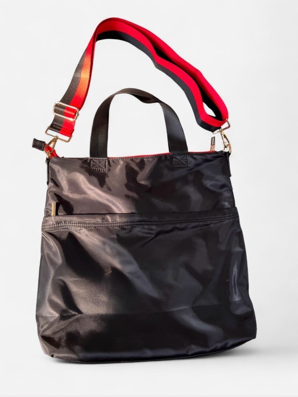 Everyday Black Tote with Red Accent Strap - Nylon Shoulder Bag